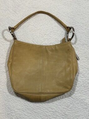 Donald J. Pliner Vintage hobo bag in a tan beige leather with silver tone Orings